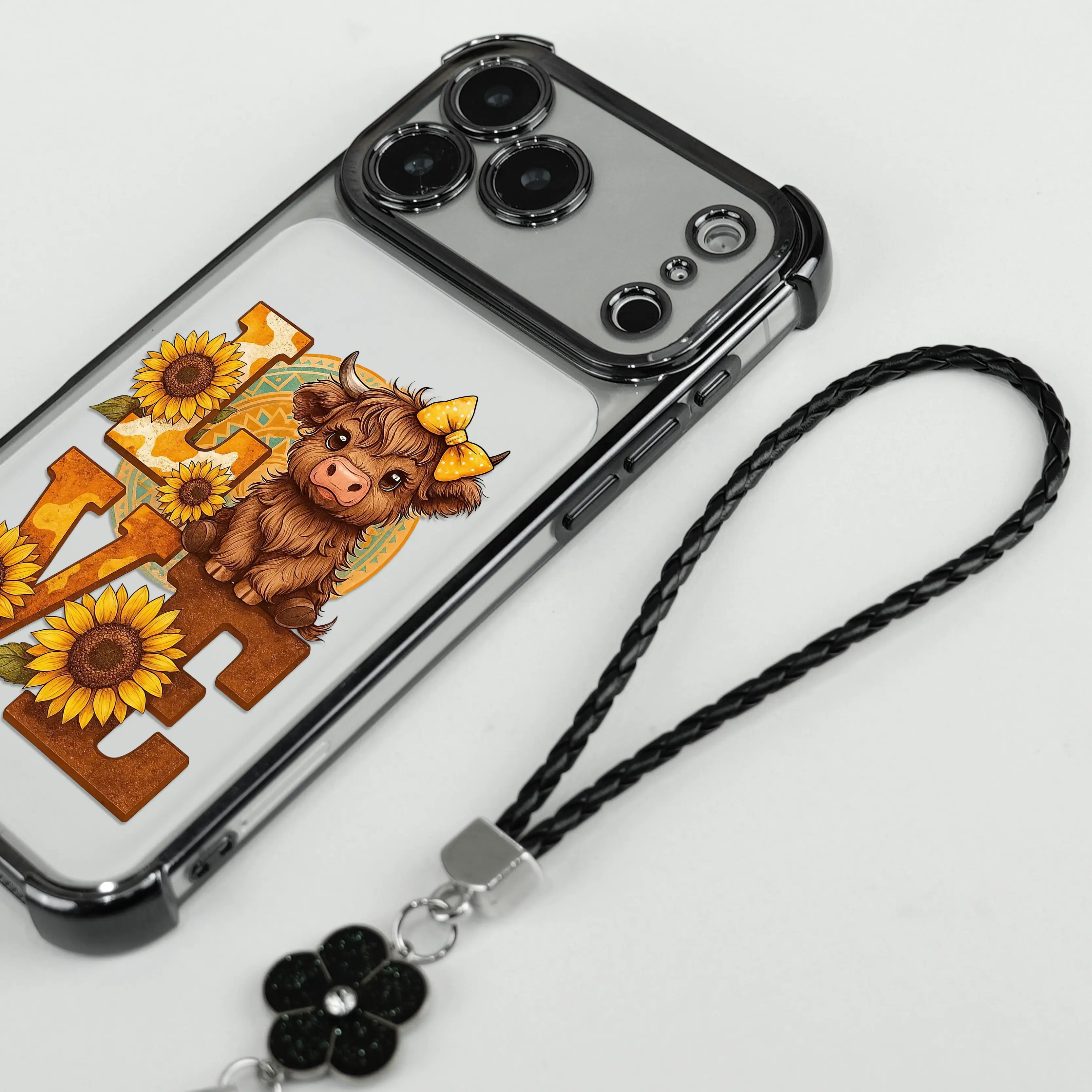 Sunflower Highland Cow Phone Case, Clear Harvest LOVE Wrist Strap Cover for iPhone 17 16 15 14 13 12 11 X Plus Pro Max, Farm Lover Gift