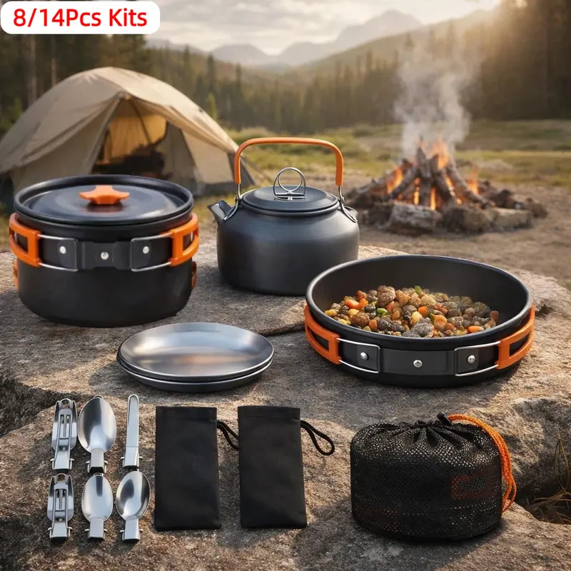 8-14Pcs Solid Stainless Steel Camping Gear Mess Kit - Portable Non-Stick Aluminum, Foldable Handles, Nylon Mesh Bag, Kettle, Pot, Frying Pan, Plates, Utensils, Thermally Isolated Stacked Pack - All-in-1 Compact Outdoor Equipment for 1-2 People Backpacking