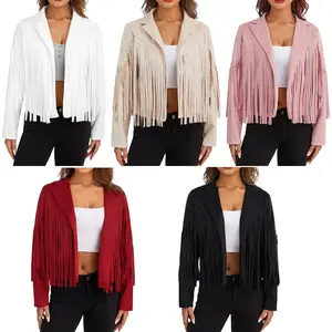 Women Faux Suede Fringe Jacket Western Tassel Cropped Jacket Biker Motorcycle Jacket Open Front Coats Fall Winter Streetwear