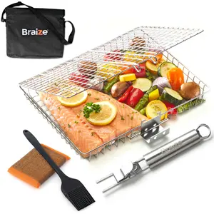 Braize Stainless Steel Grill Basket with Removable Handle, Basting Brush & Scrub Sponge – Heavy-Duty BBQ Basket for Grilling Vegetables, Meats & Seafood – Includes Storage Bag – Dishwasher Safe, Rust-Resistant
