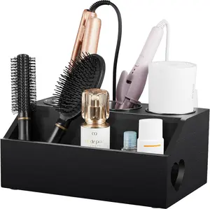 Wooden Hair Dryer Holder Wall Mount, Countertop Hot Tools Organizer for Hair Styling Accessories, Bathroom Supplies Vanity Caddy for Curling Wand, Blow Dryer, Black