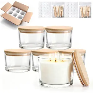 16oz 6-Pack Empty Thick Glass Wide-Mouth 3 Wick Candle Jars with Bamboo Lids & Wick Kits Bulk Clear Candle Containers for Making Candles