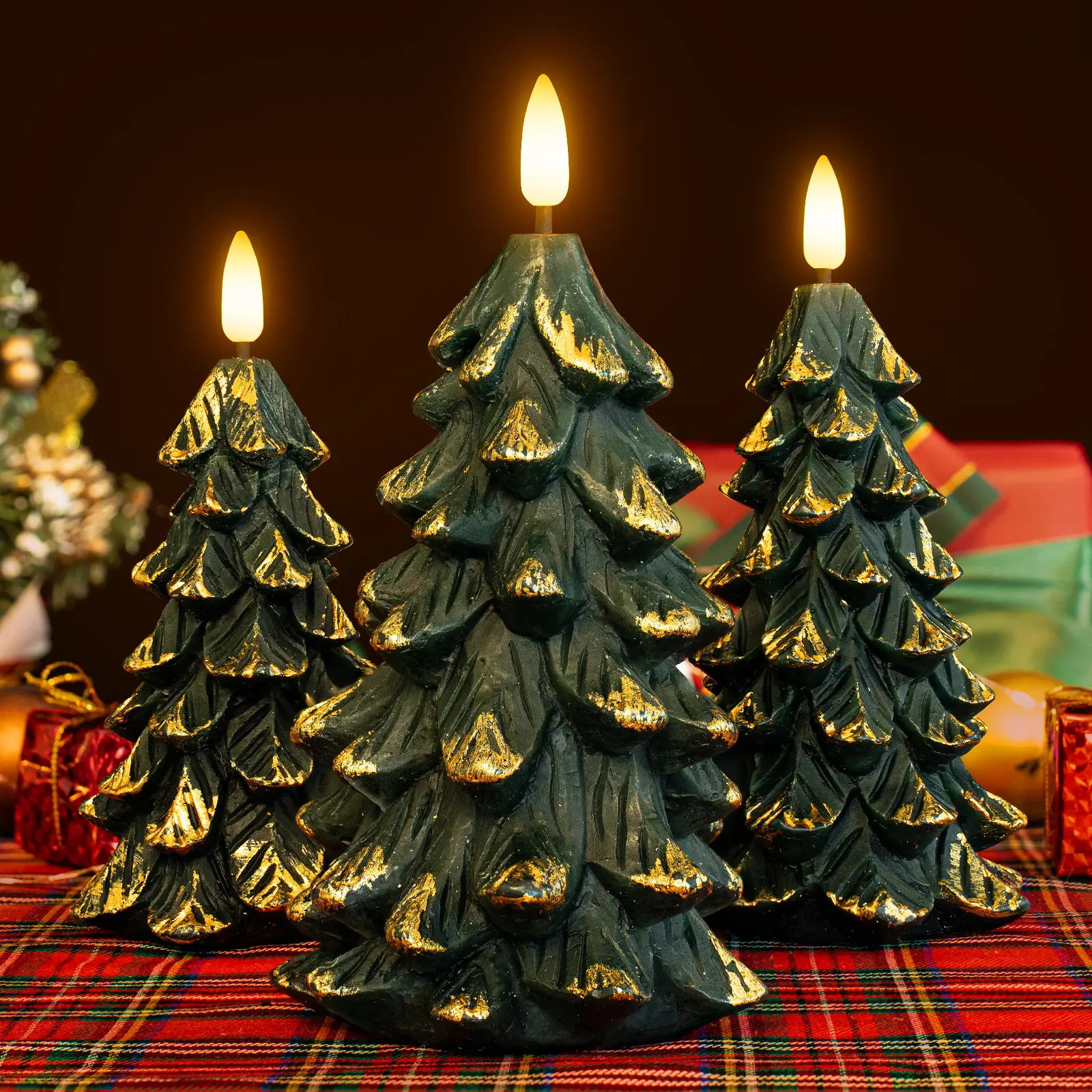 3-Pack Green Christmas Tree-Shaped Flickering Flameless LED Candles - Real Residue-Free Wax, Battery-Operated with Timer, Manual Switch, Classic Christmas Decor for Hand-Selected Mother’s Romance-Focused Home Decor, Light