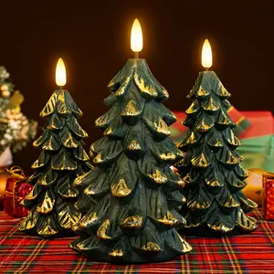 Green Christmas Tree Shaped Flickering Flameless LED Candles with Timer, Real Wax Battery Operated, Set of 3