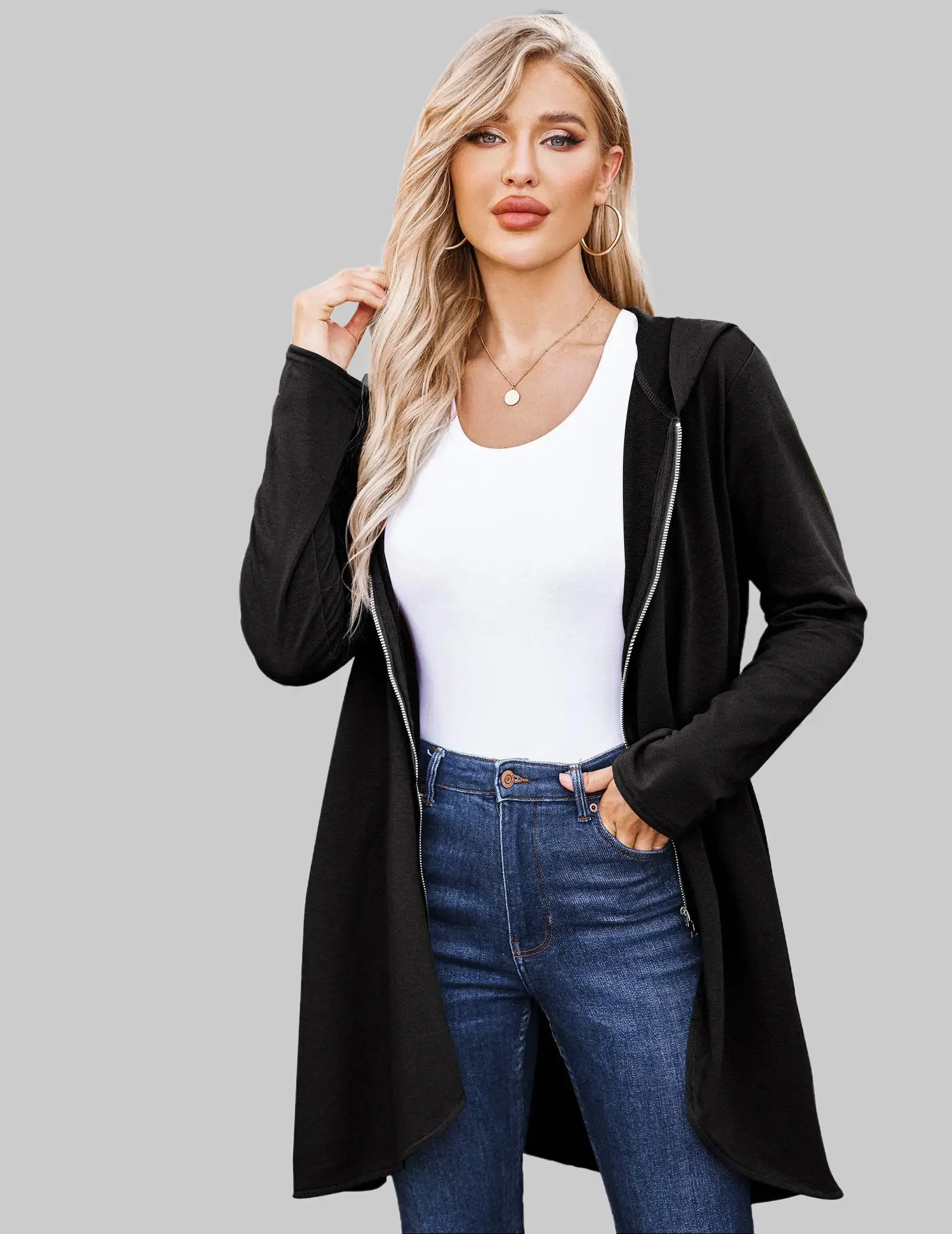ZEAGOO Women's Long Zip-Up Hoodie - Minimalist Oversized Thin Tunic Jersey Cardigan Coat with Pockets, Lightweight Sports Wear Sweatshirt Jacket, Zipper