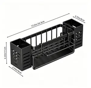 Black Metal & Plastic Kitchen Sink Organizer Tray - Heavy-Duty Waterproof Steel Frame with Removable Plastic Drain Tray, Sink Caddy with Sponge Holder & Brush Slot, Space-Saving Countertop Storage