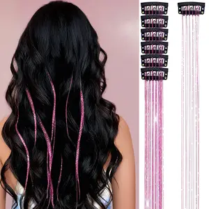 20-inch pink shiny metal wire hair extension, holiday metal wire dress fairy hair extension party dazzling hair accessory set (6 pieces, pink #）glossy hair bundles sister tiarahair halloween cosplay prop