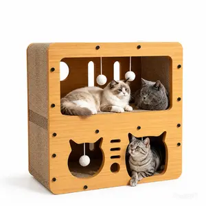 Double Pet Bed/Wooden Cat Bed/ Two-Tier Scratching Post and Cat Bed Combo / Wooden Multi-Functional Cat Bed / Includes a Cat Toy Ball / Suitable for Multiple Cats / 2 in 1 Cat Bed with Scratching Board