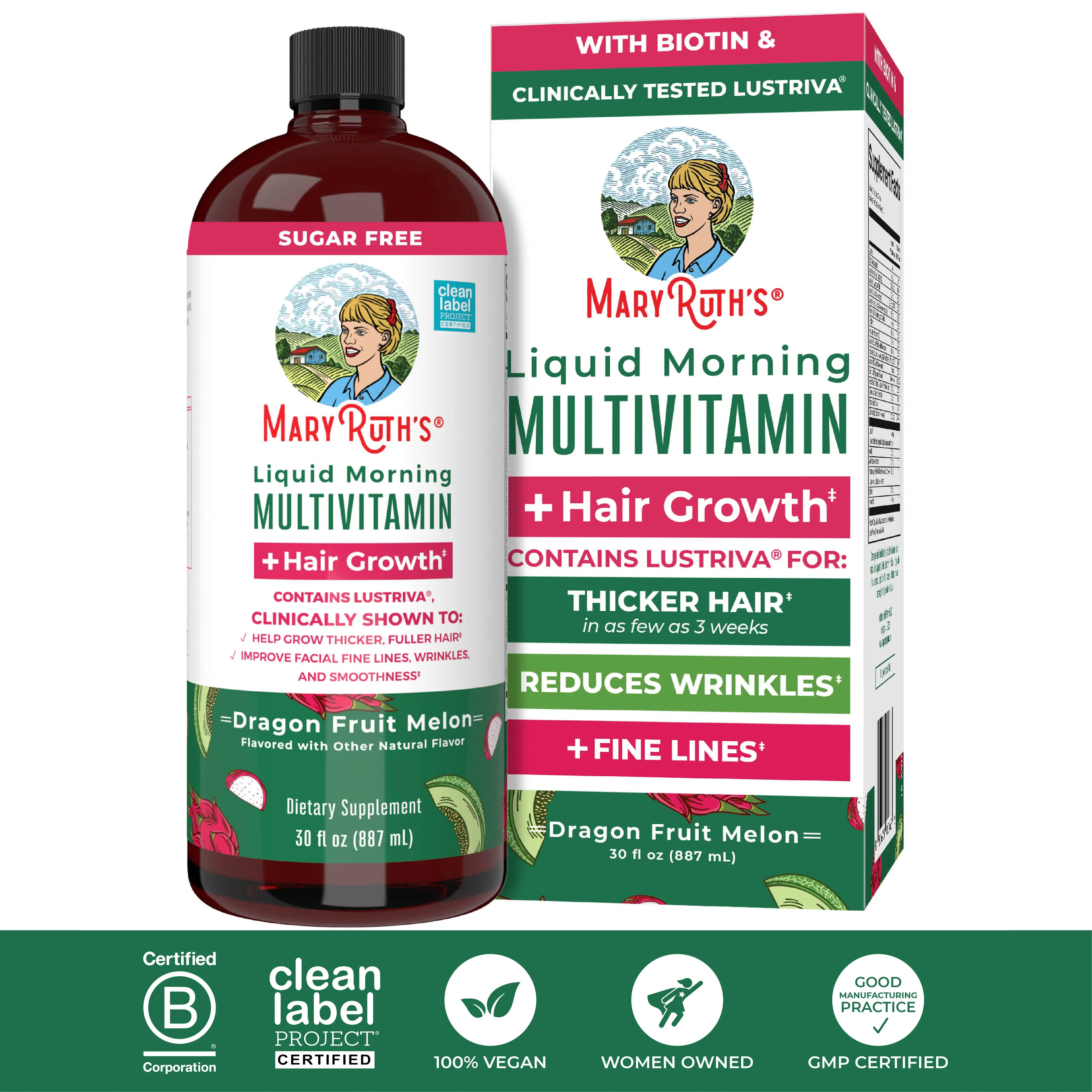 MaryRuth's Liquid Multivitamin + Hair Growth - Clinically Tested Lustriva for Thicker Hair in Women - Improve Facial Wrinkles - Vegan - 30 Fl Oz