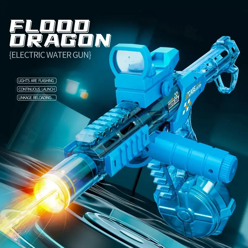 Viral TikTok Dual Mode Electric Water Gun for Kids, Manual & Automatic Transparent Water Blaster with Simulated Flame Flashing Light, Rechargeable Large Capacity Squirt Pistol Toy for Pool Beach Backyard Summer Water Fight Games Boys Girls