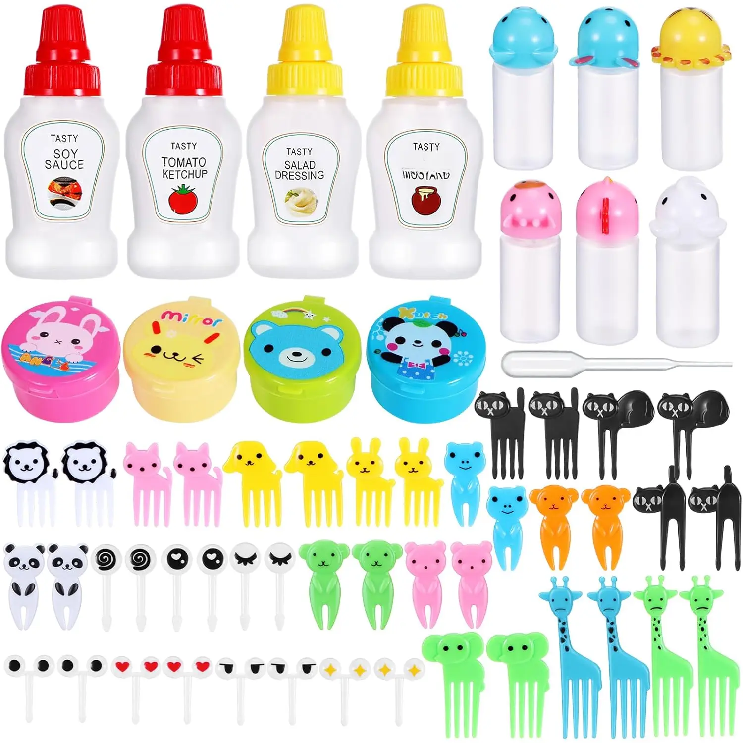50 count  Bento Box Accessories Including  Picks Mini Condiment Bottles Ketchup Squeeze Bottles, Mini Soy Sauce Container with Funnel for  School Bento Camping Office Accessories ()