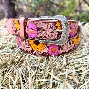 Sunflower Leather Belt for Women with Removable Buckle, Cowgirl Design, Tooled Leather, Pink Sunflower Pattern