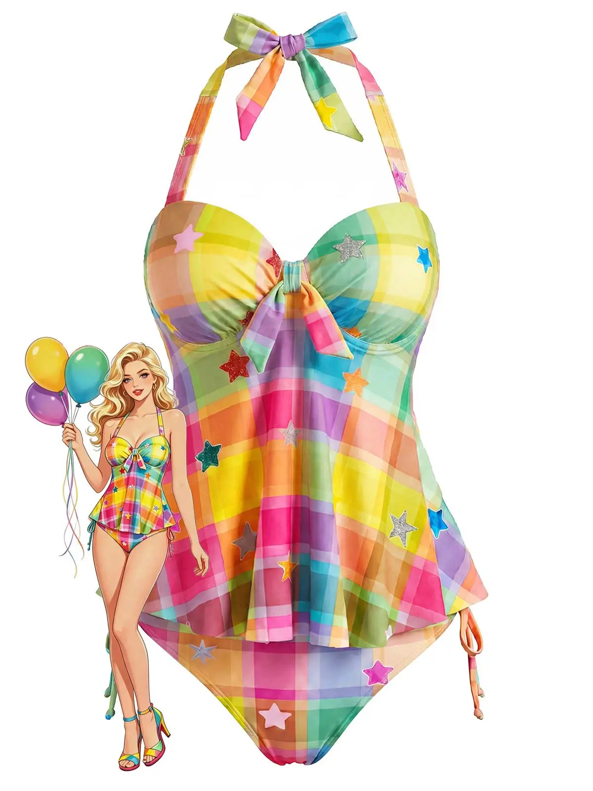 Rainbow 1970s Plaid Star Halter Tankini Set BackToSchool