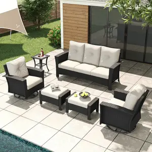 LayinSun 6 Piece Wicker Patio Furniture Set, Classis Outdoor Conversation 360 Degree Swivel Chairs Set with Coffee Table