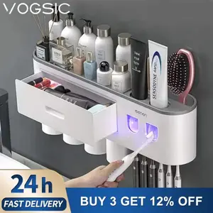 Wall Mounted Toothbrush Holder with Waterproof Storage Box, Toothpaste Dispenser, and Multiple Cup Options