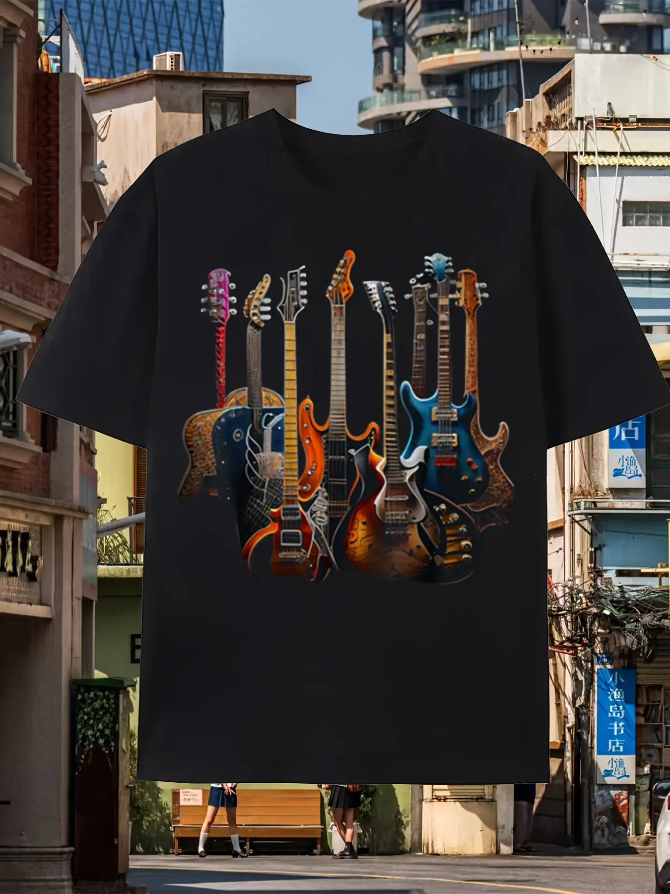 Guitar Print Men's Graphic Casual Short Sleeve Crew Neck Tee All-season, Regular Fit, Slight Stretch Fabric, Perfect for Outdoor, Plus Size