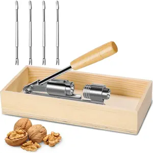 Heavy Duty Pecan Nut Cracker Tool with 4 Forks,  Handle Base with Rectangular Wooden Box Base for Walnuts, Chestnuts, Almonds, Pecans, Hazelnuts