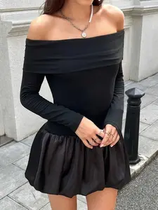 WOMEN'S solid one-shoulder long sleeve ruffle hem mini dress for Spring & Autumn summer dresses for women lady casual wear