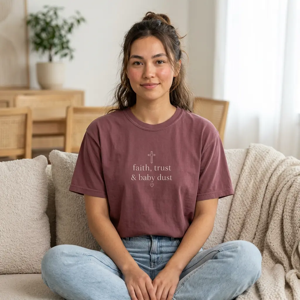 Faith, Trust & Baby Dust T-shirt | fertility support tee, subtle cross design, IVF tee