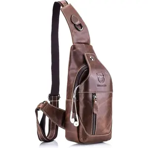 Genuine Leather Men's Shoulder Sling Crossbody Bag Brown Casual Travel