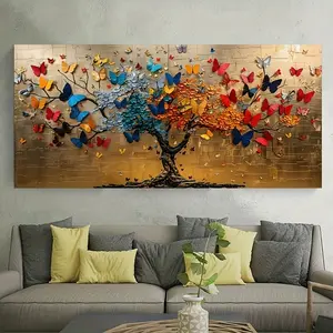 2D Flat, 1pc Modern Abstract Wall Art Poster - Vibrant Colorful Butterflies & Mysterious Tree Design on Canvas, Frameless, Art Wall Decoration