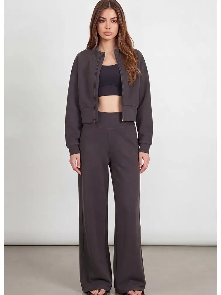 2 Piece Matching Tracksuit Women Soft Knit Zip Crop Top Wide Leg Casual Pants