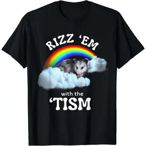Cotton Short Sleeve Autism Funny Rizz Em With The Tism Meme Autistic Opossum T-Shirt for Men Women, Adult funny T-shirt, Gift for Woman and Man
