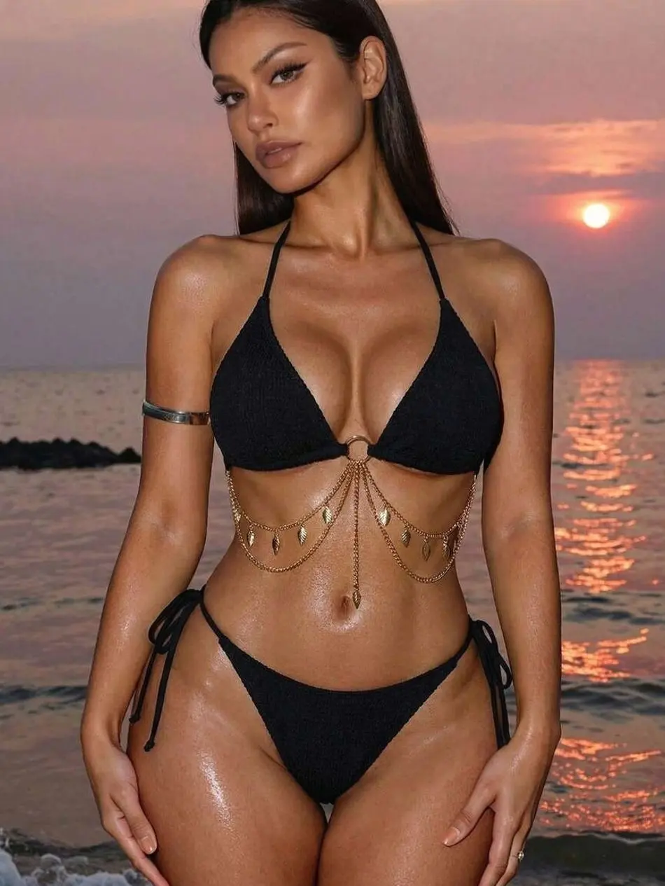Solid Color Halter Neck Bikini Set with Gold Chain Decor, Sexy Two-Piece Bathing Suit for Summer Beach Pool Party