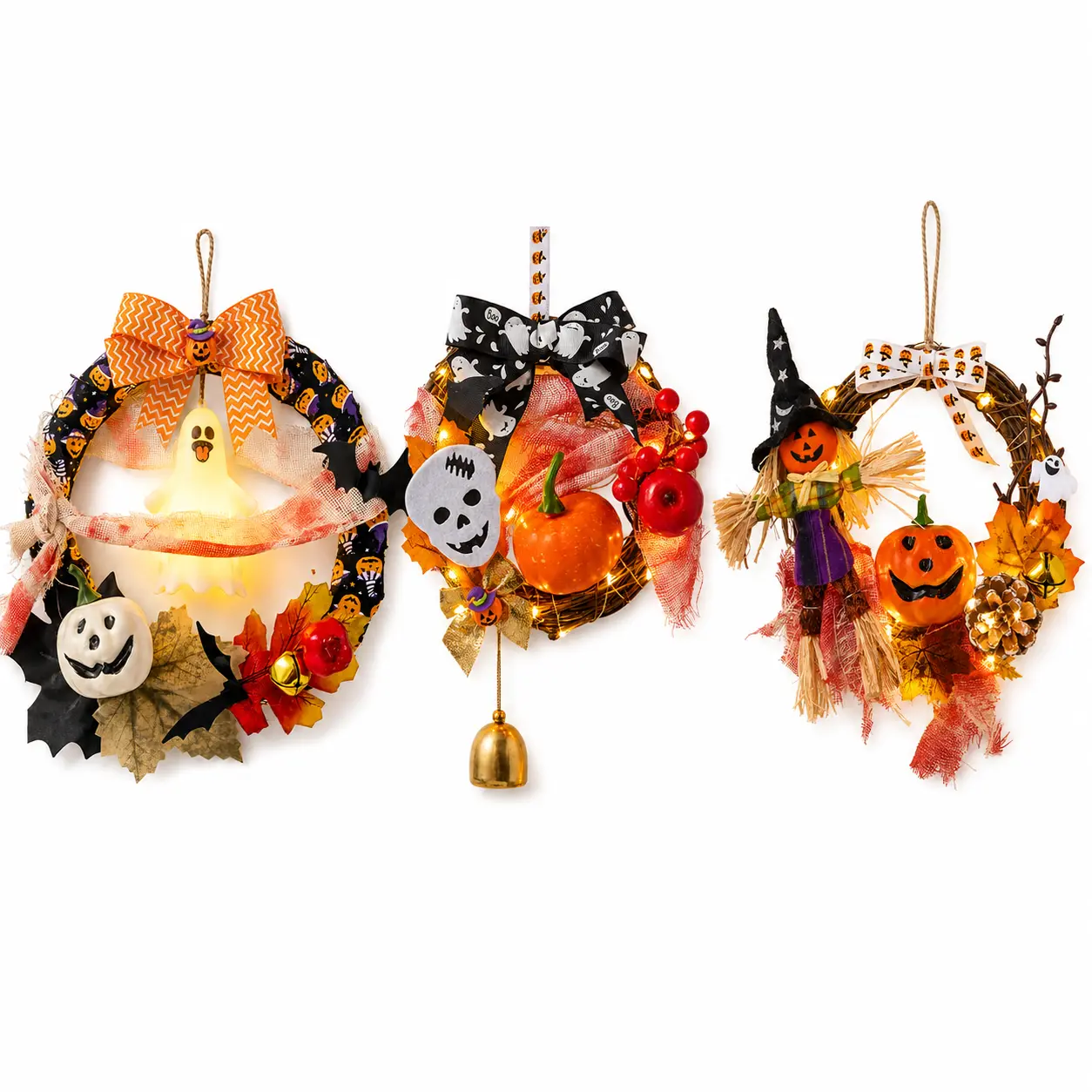 Halloween DIY Light-Up Wreath Kit – Pumpkin, Ghost & Scarecrow Door Hanging Decor, 3 Styles
