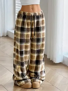 Women's Plaid Flannel Sweatpants Leopard Print Warm Fleece Thick Streetwear Hip Hop Dance Motorcycle School Fashion Trendy Casual Sportswear