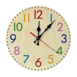 Rainbow Number Wood Wall Clock | 12in Silent Sweep Movement Montessori Learning Design, Battery Not Included, Ideal for Classroom, Homeschool, Kids Bedroom decor