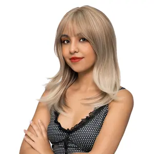 15-Inch Blended Straw Gold Blonde Ombre (Gold Blonde Roots) Barely Wavy Cut w/ Flicked Ends Synthetic Wig | 【Heat Resistant】【Cap Included】 | FSGA