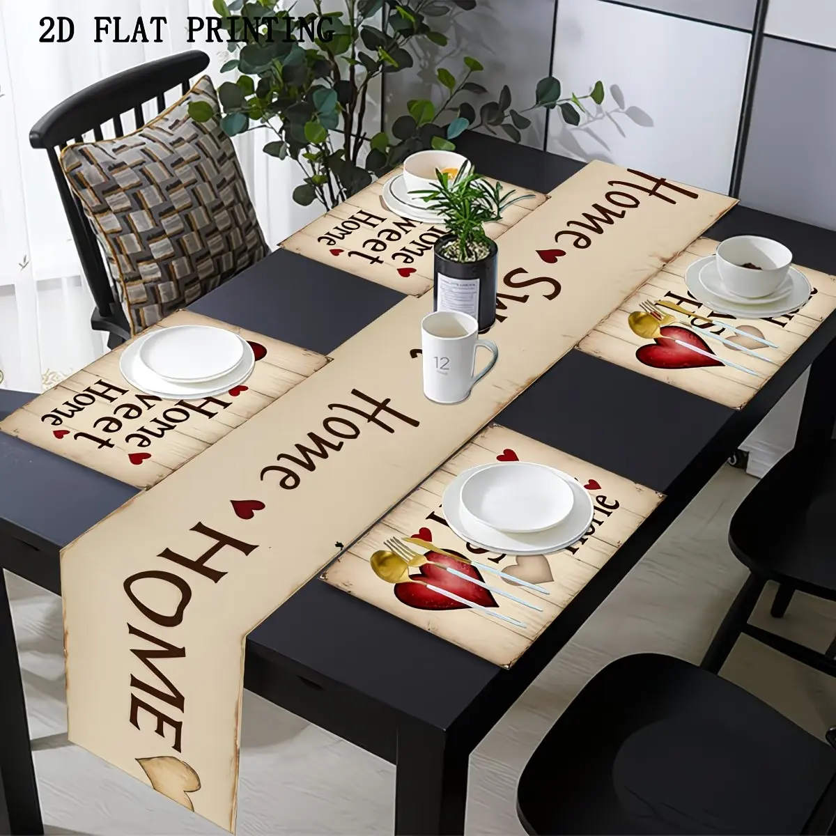 2D flat printing, 1/5/7 piece table flag placemat set, Table placemats, Valentine's Day love Sweet Home pattern, suitable for holiday parties, kitchen decoration, indoor and outdoor use