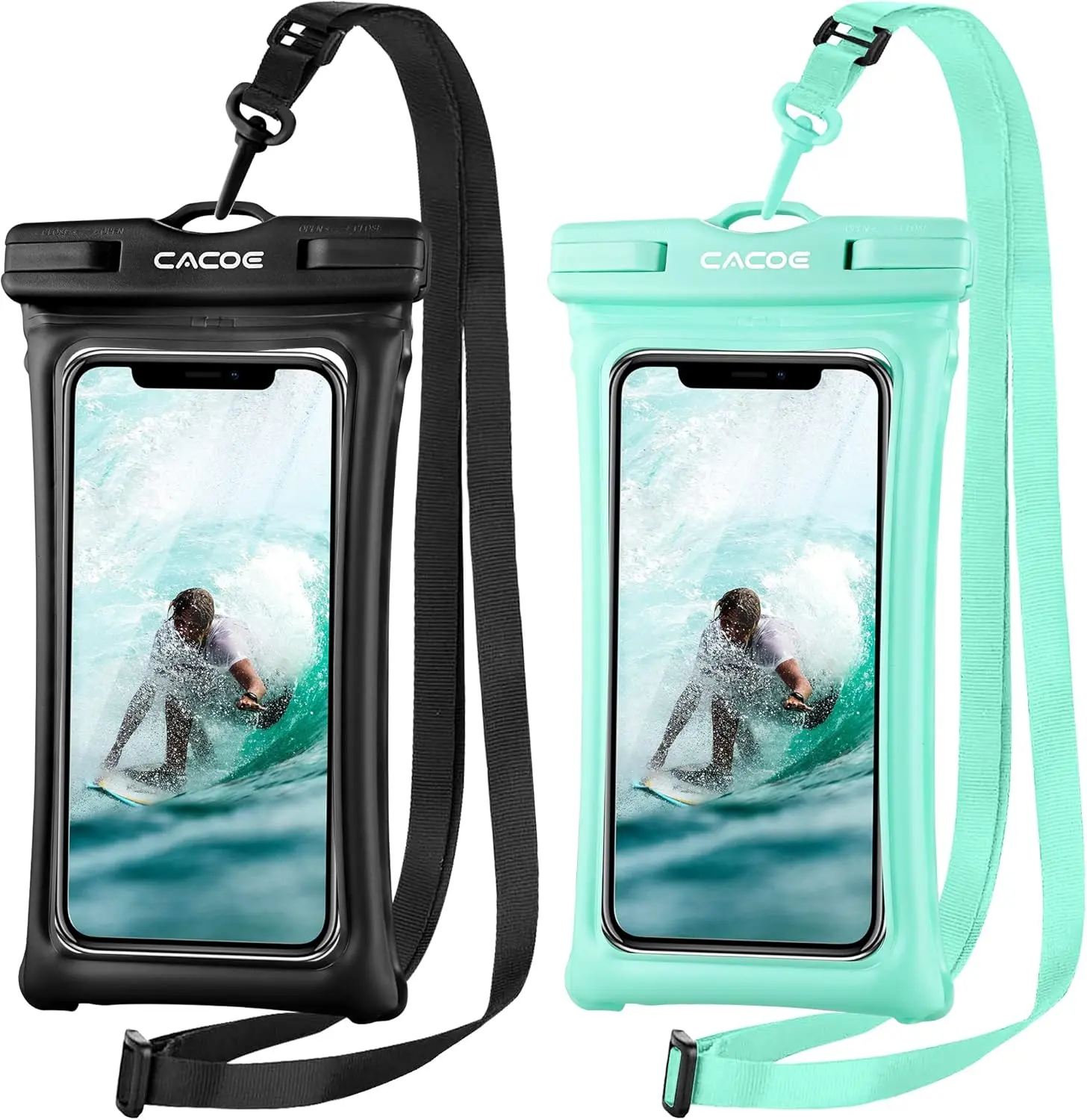 CACOE Floatable Waterproof Phone Pouch 2 Pack Up to 7.0",Black+Green | Floatable, IPX8 Waterproof Phone Case,Adjustable Lanyard,Dry Bags for Beach/Cruise/Travel/Camping/Kayak/Vacation Essentials