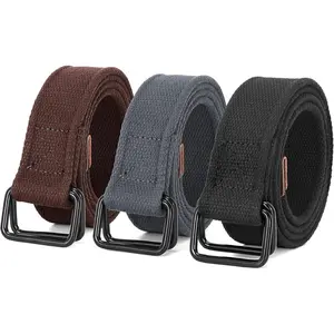 JASGOO Men Canvas Fabric Belts Casual Web Cloth Belts with Black ouble Ring Buckle 2 Pack