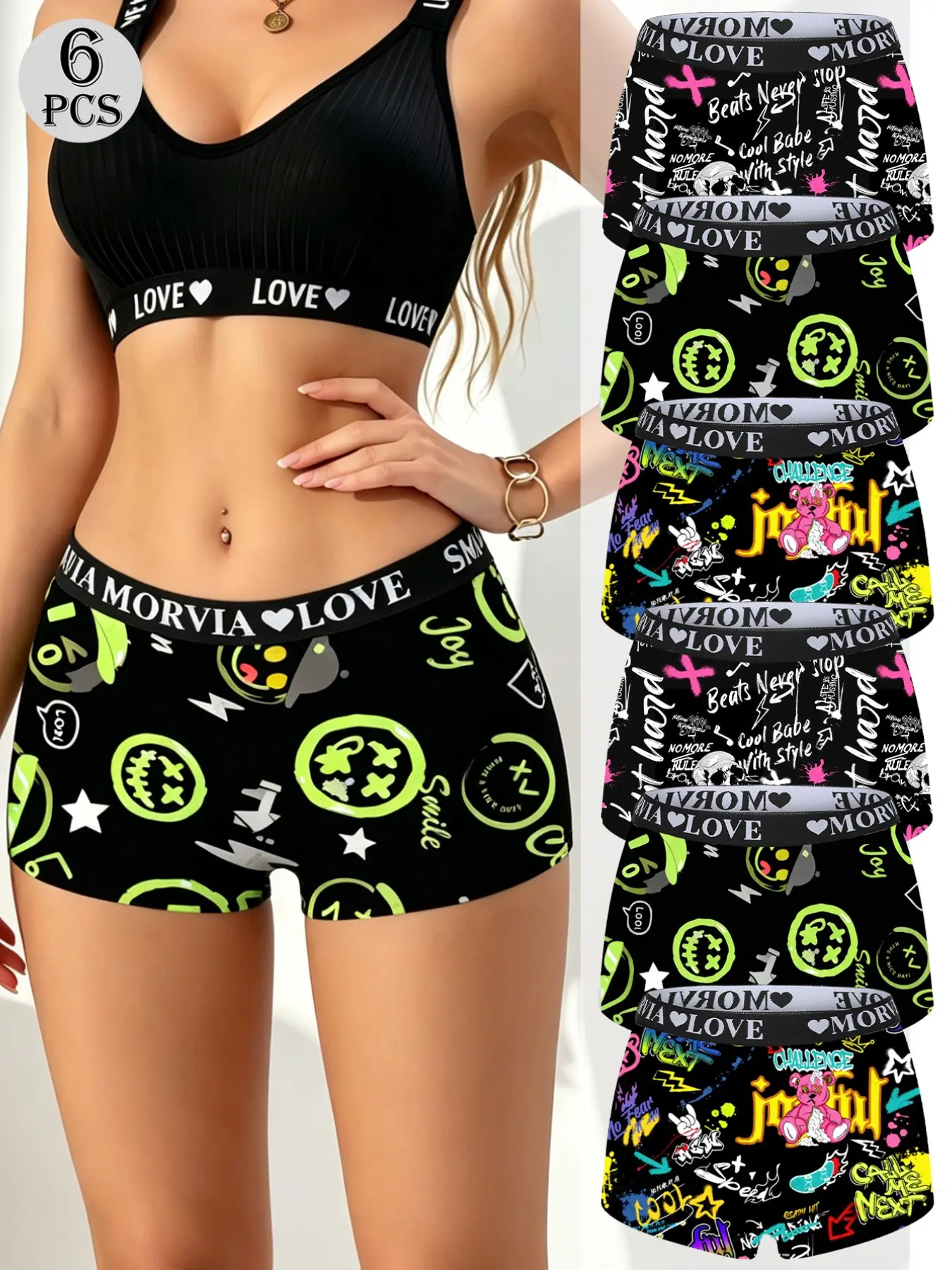 Morvia 6-Pack Funny Graphic Underwear for Women, Fitted Knicker, Punk Skull-Graphic Neon-Print Boyshort Panties, Cool Birthday Gift, Edgy Streetwear
