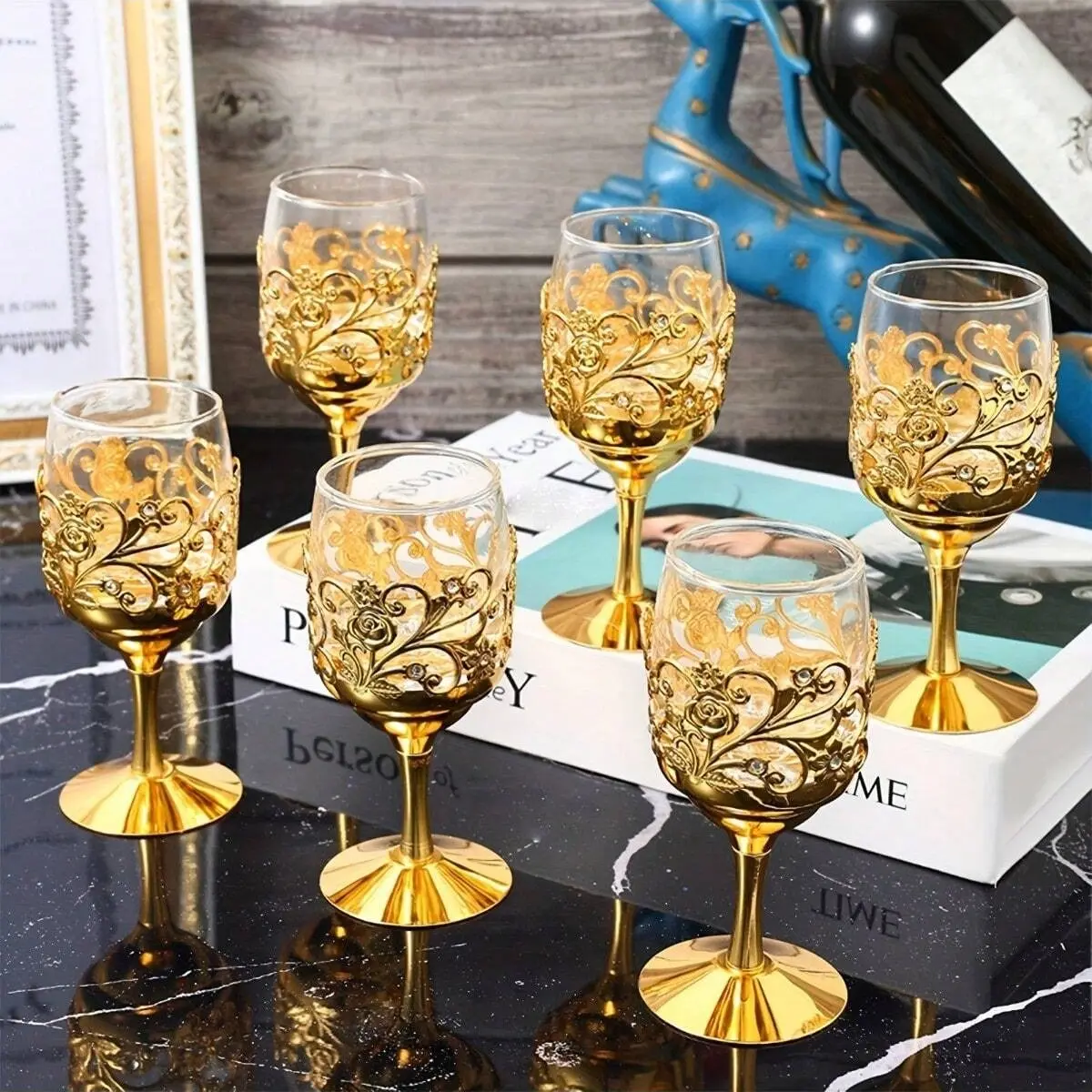 Elegant Highball Wine Glasses Set of 6, Party Wine Glasses, Drinking Glassware, Vintage European Style, Reusable Hand Wash Only, Floral Pattern, Perfect for Parties and Weddings, Drinkware