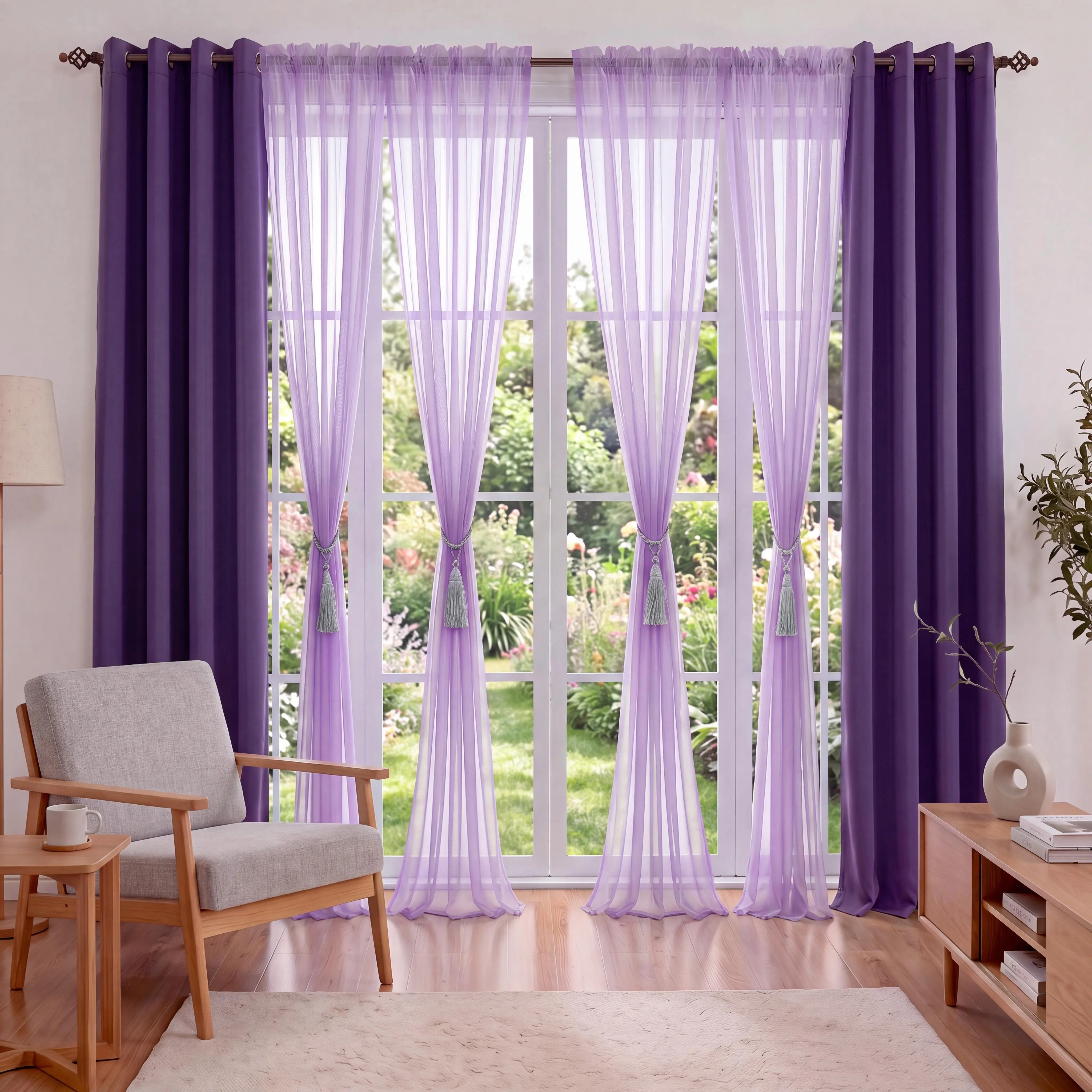 6 Panels 52"x84" Combination Curtains Including: 2 Panels Solid Full Blackout Grommets Curtains & 4 Panels Solid Light Sheer Rod pocket Curtains Thermal Insulated NoiseReducing Light Blocking apartment decorate living room bathroom noise reduction