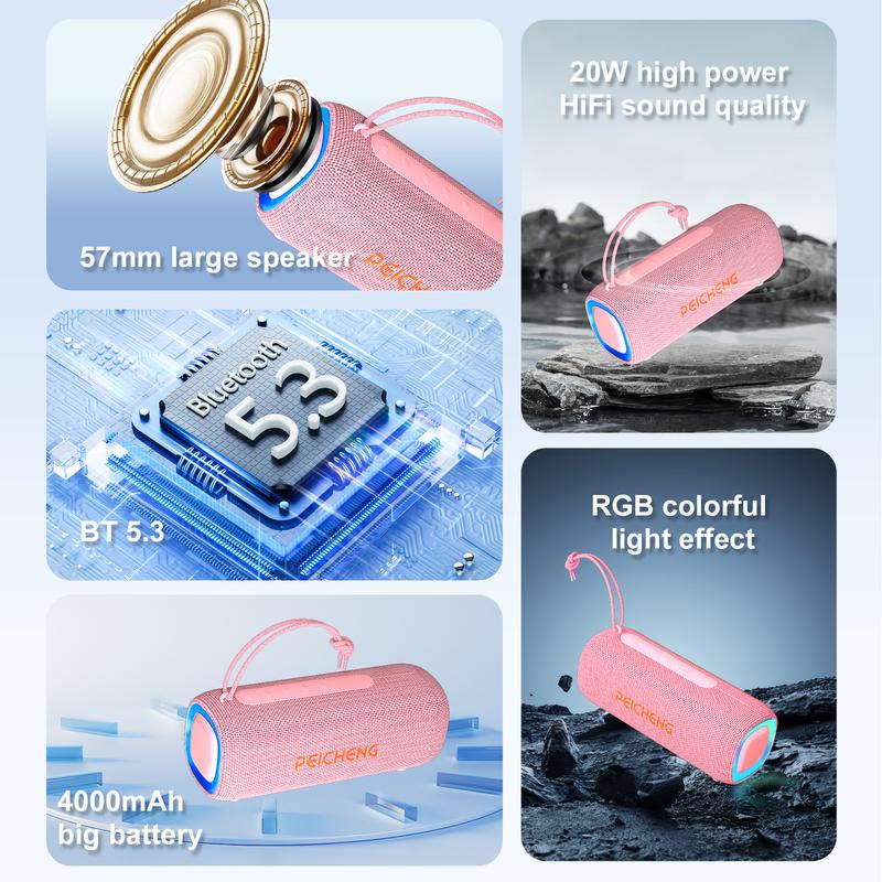 【TikTokShopStockUp】Portable Bluetooth Speaker, 2-Way Speaker System, IPX5 Waterproof, 20W Stereo Sound, Bluetooth 5.3 Chip, Powerful Pro Audio, Up to 24H Playtime — A Must-Have for Music Lovers - Pink Durable Dustproof, For Valentine's Day Gift