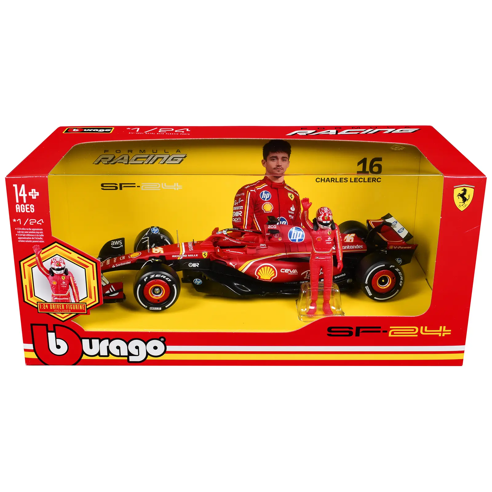 Ferrari SF-24 #16 F1 World Championship (2024) with Driver Figure "Formula Racing" 1/24 Diecast Model Car by Bburago