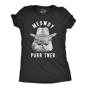 Womens Meowdy Purr'tner T Shirt Hilarious Cowboy Cat Tee Kitty Owner Gift Funny Womens T Shirts Cute Vintage Fashion Casual Ladies T-Shirt Gift Funny Cat Top Women's Novelty Tees Black