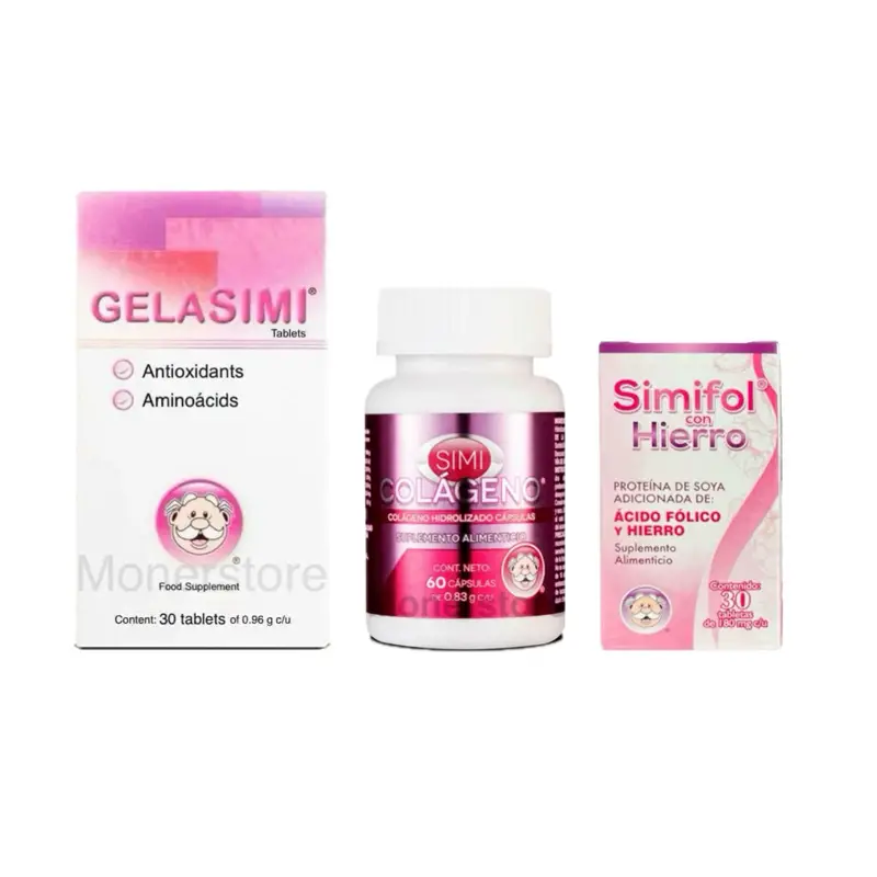 3 pack GELASIMI Antioxidante y Aminoacidos + SIMICOLAGENO Oral +SIMIFOL HIERRO 3 Pack Edible Supplement Fitness Healthcare Dietary Natural Collagen