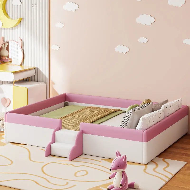 【Bellemave】Twin/King Size Upholstered  Daybed Frame with Fence and Stairs,(PINK+WHITE)