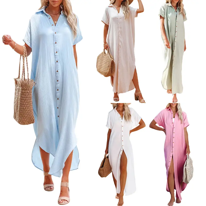 Women Maxi Shirt Dress Short Sleeve Button Down Long Kimonos Cardigans Side Slit Loose Cover Up Beach Sundress