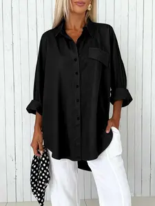 Fashion Curve Plus Size Solid Color Oversized Button-Down Collared Shirt，Casual Loose-Fit Long-Sleeve Pocket Blouse, Trendy Street Style Outfit, Office Layering Top, Womenswear
