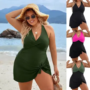 Women Plus Size Swim Dress Tummy Control One Piece Swimsuit V Neck Wrap Full Coverage Bathing Suit Cute Tie Knot