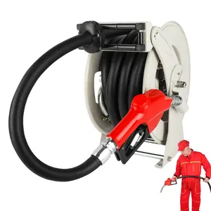 BreAro 1 Inch Fuel Hose Reel, 1"X33' Retractable Ratchet Spring Driven Diesel Hose Reel, 360 Rotating Fuel Hose Swivel, AUTO Fuel Nozzle, Barb Fitting, 300 PSI, 1" NPT Inlet & Outlet