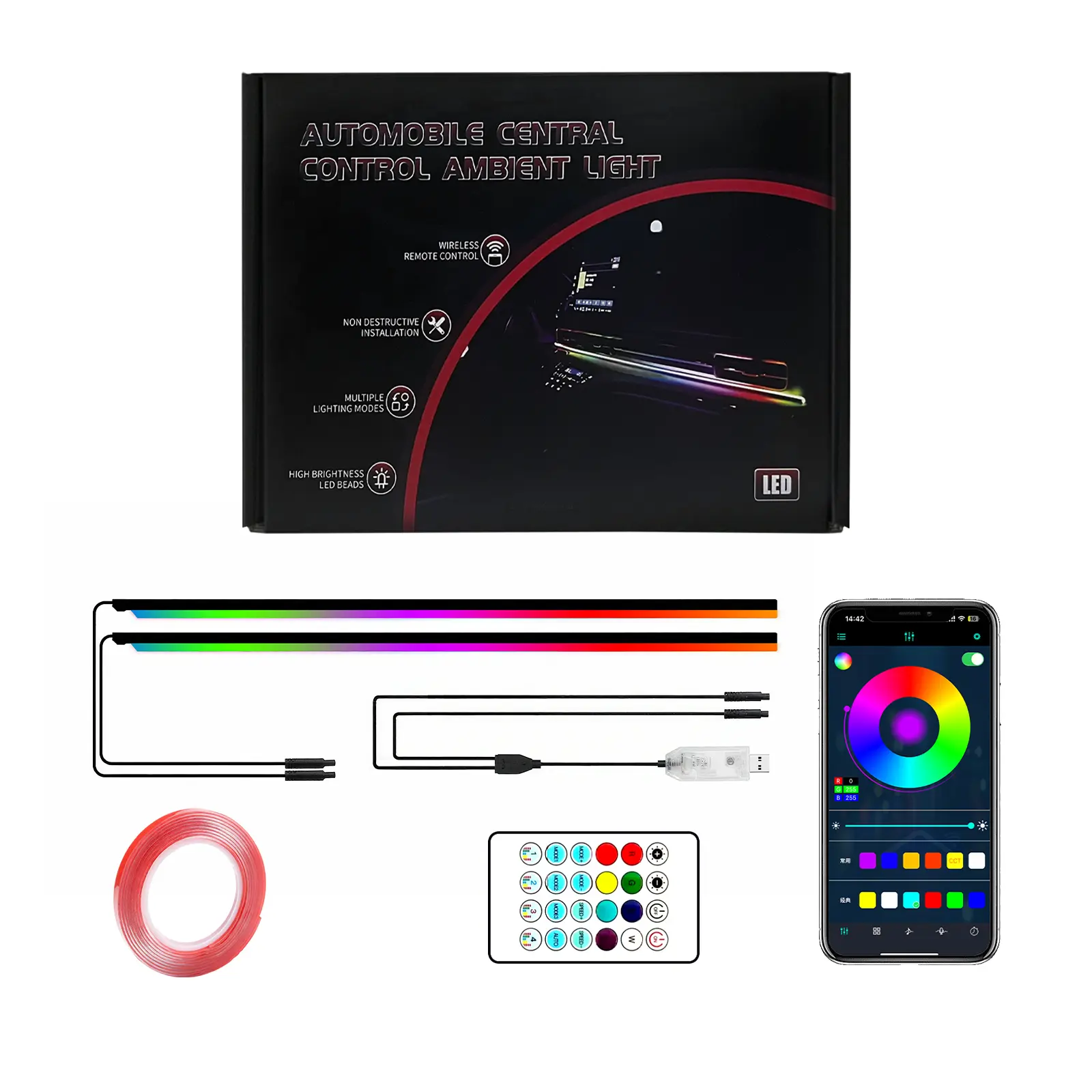 Car Bollard Ambient LED Lights Kit, USB Port, 200+ Color Changing, Music Sync, Adjustable Hues, Customizable Brightness, Dynamic Modes, IR Remote, Smartphone App, Tape-Mounted Car Interior Accessories for Trucks, Offroad Vehicle Interior Decor