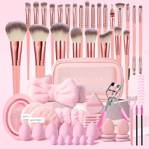 Women's 70Pcs Pink Multi-Pack Makeup Brushes Set - Professional Travel Kit for Female Adults with Sponges, Storage Bag, Cleaning Brush, Face & Eye Tools, Vanity Accessories, Gifts for Female Adults