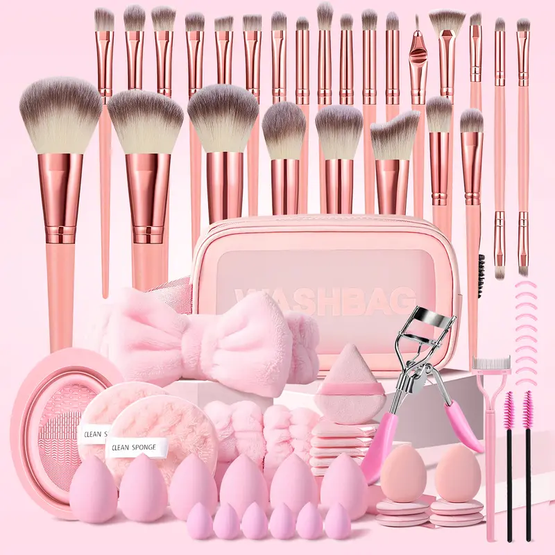 Women's 70Pcs Pink Multi-Pack Makeup Brushes Set - Professional Travel Kit for Female Adults with Sponges, Storage Bag, Cleaning Brush, Face & Eye Tools, Vanity Accessories, Gifts for Female Adults